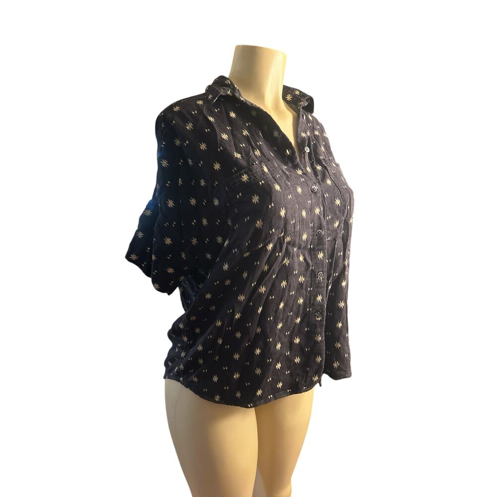 Women XS Madewell Tribal Print Camp Shirt Button Blouse Top Black Short Slv